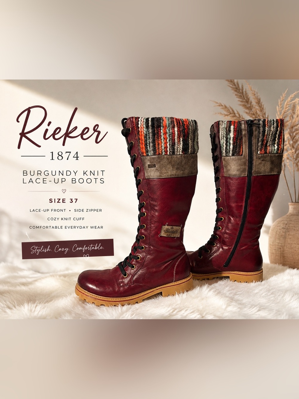 Rieker 1874 Burgundy Red Knit Lace-Up Boots | EU 37